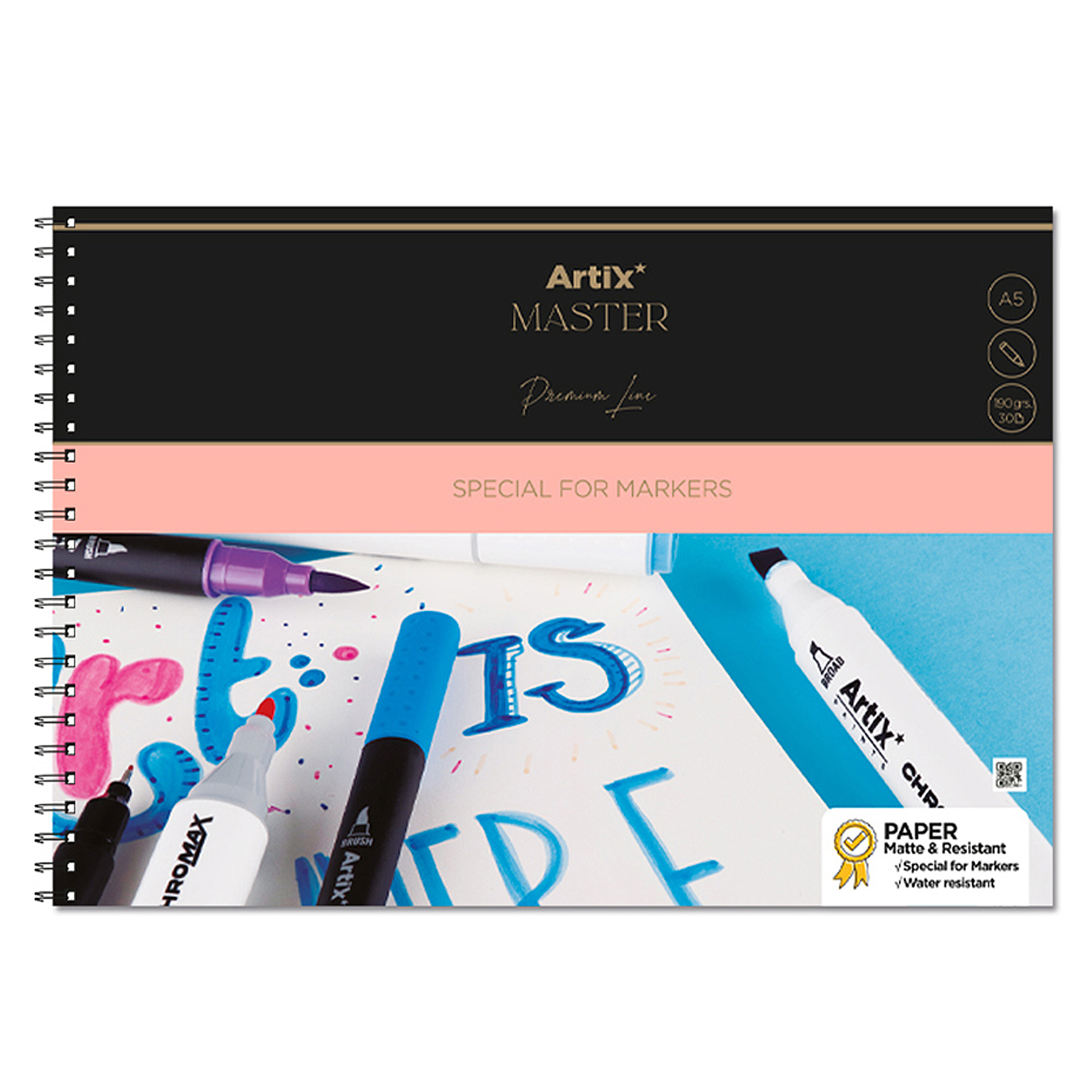 Libreta Artix Master abierta, mostrando rotuladores y letras coloridas en papel.