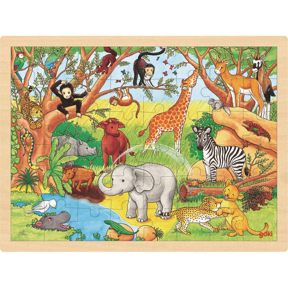Dschungelszene mit Elefant, Giraffe, Zebra, Affen, Löwenbabys und anderen Tieren.