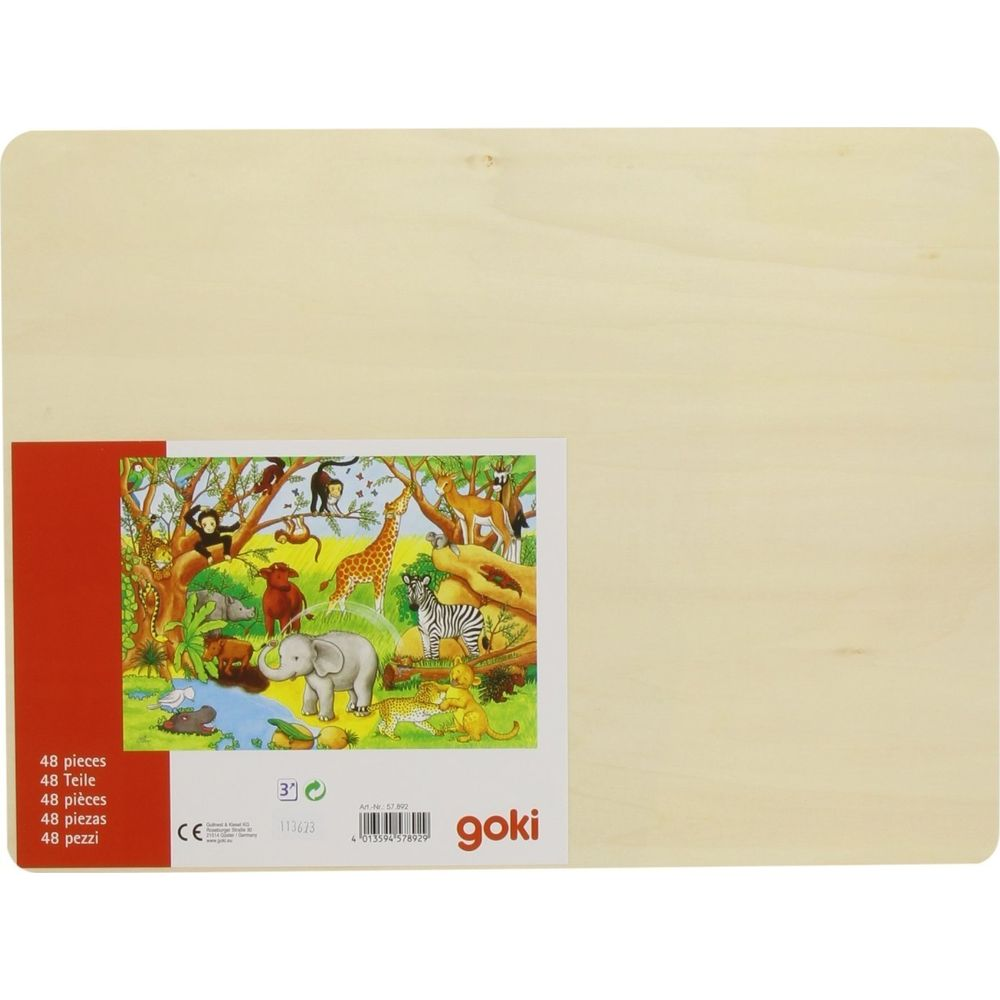 Holzbrett mit Dschungelmotiv für ein Puzzle mit 48 Teilen.