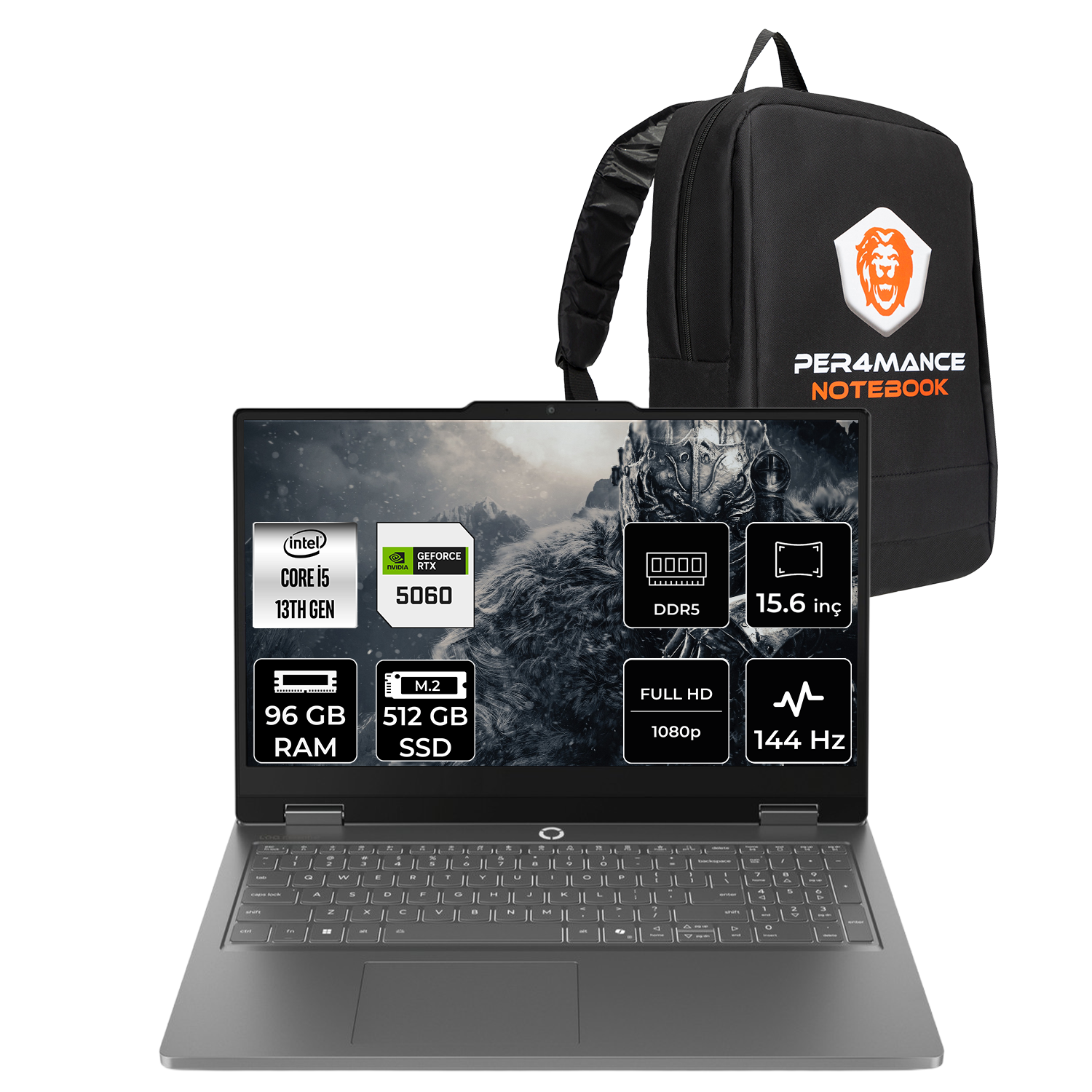 Intel Core i5, 96 GB RAM, 512 GB SSD, 144 Hz özellikli gri dizüstü bilgisayar ve siyah sırt çantası.