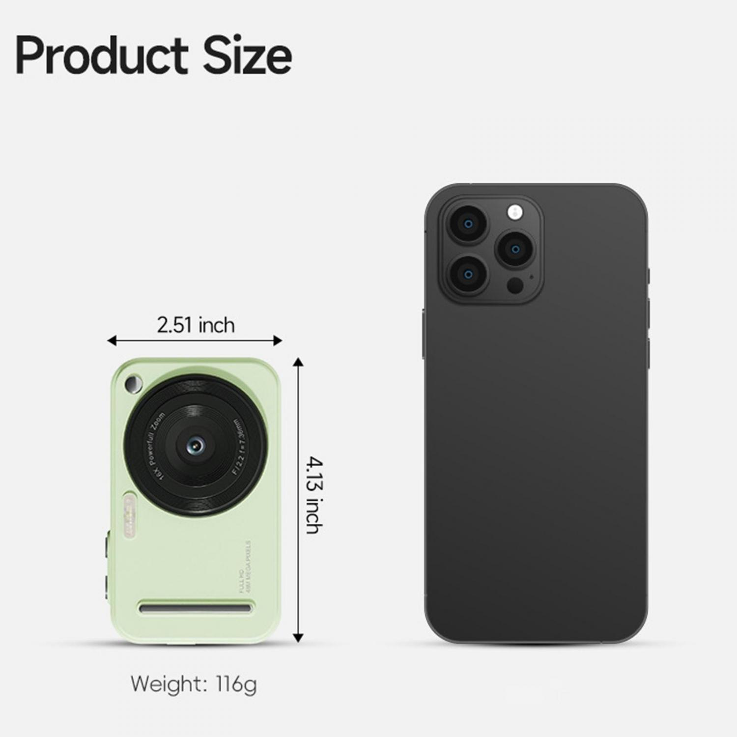 Produktgrößenvergleich: Eine hellgrüne Kamera (2,51x4,13 Zoll, 116g) neben einem schwarzen Handy.