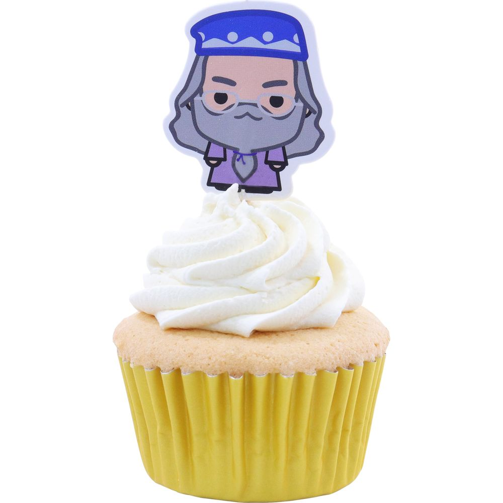 Ein Cupcake mit weißer Glasur und einer Dumbledore-Figur.