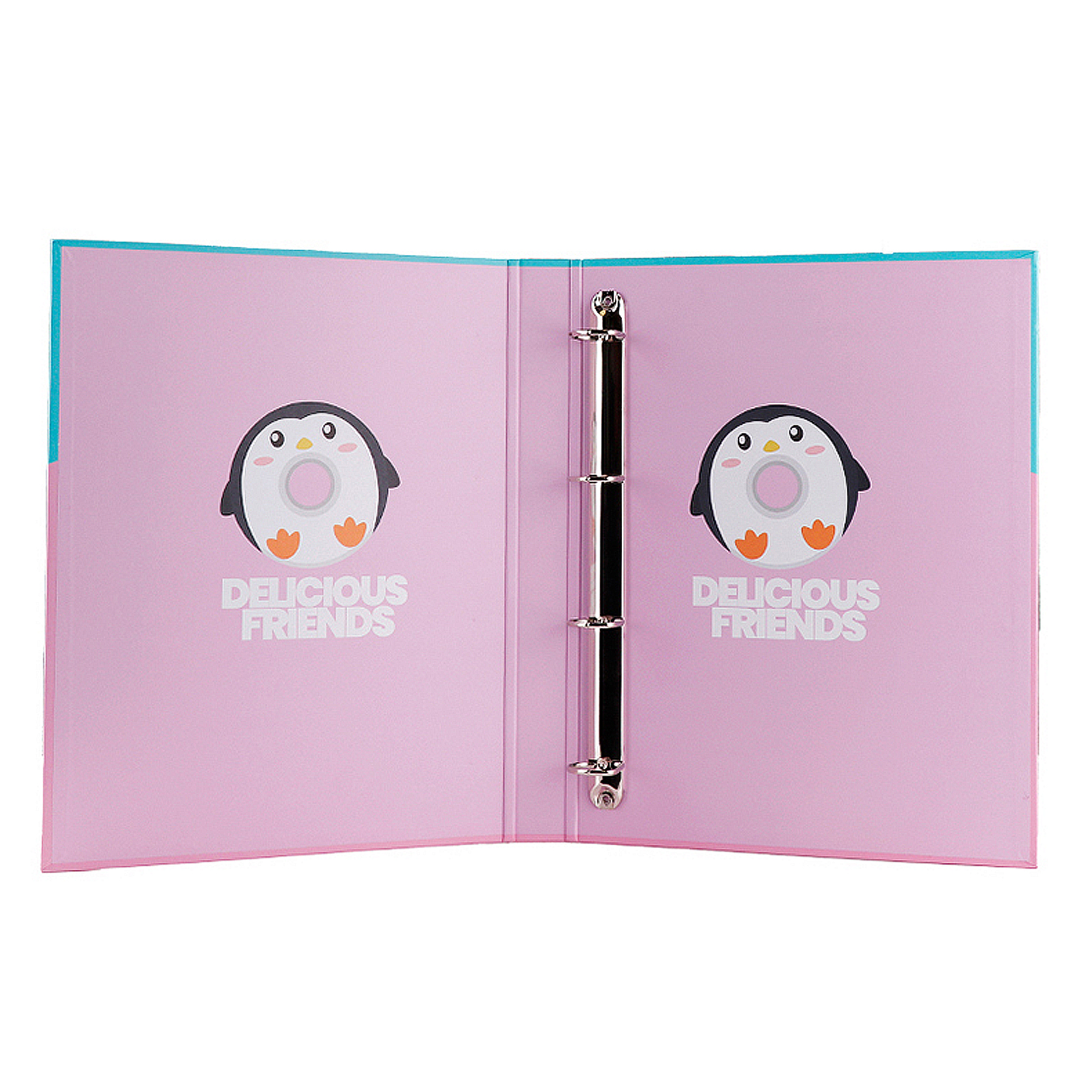 Un raccoglitore rosa aperto con due stampe di pinguini e la scritta "DELICIOUS FRIENDS".