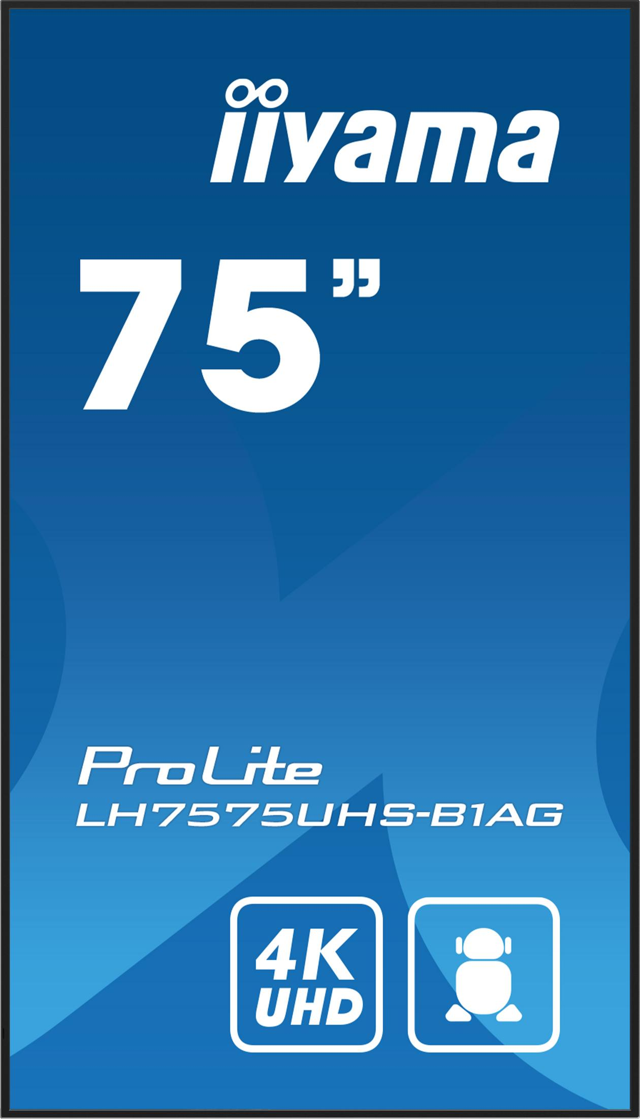 Monitor Iiyama ProLite LH7575UHS-B1AG 4K UHD de 75 pulgadas con icono de robot.