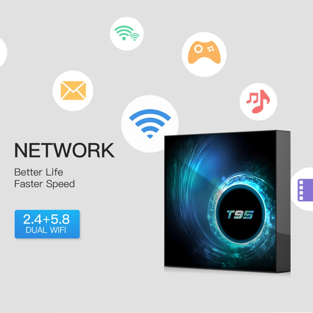Ein TV-Box-Produktfoto mit Netzwerksymbolen und Text. Bietet Dual-WLAN.