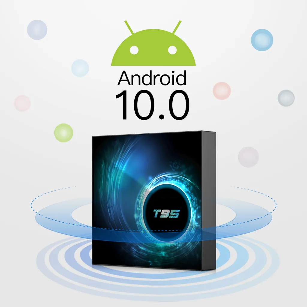 Android 10.0 TV Box mit T95 Logo, umgeben von bunten Kreisen.