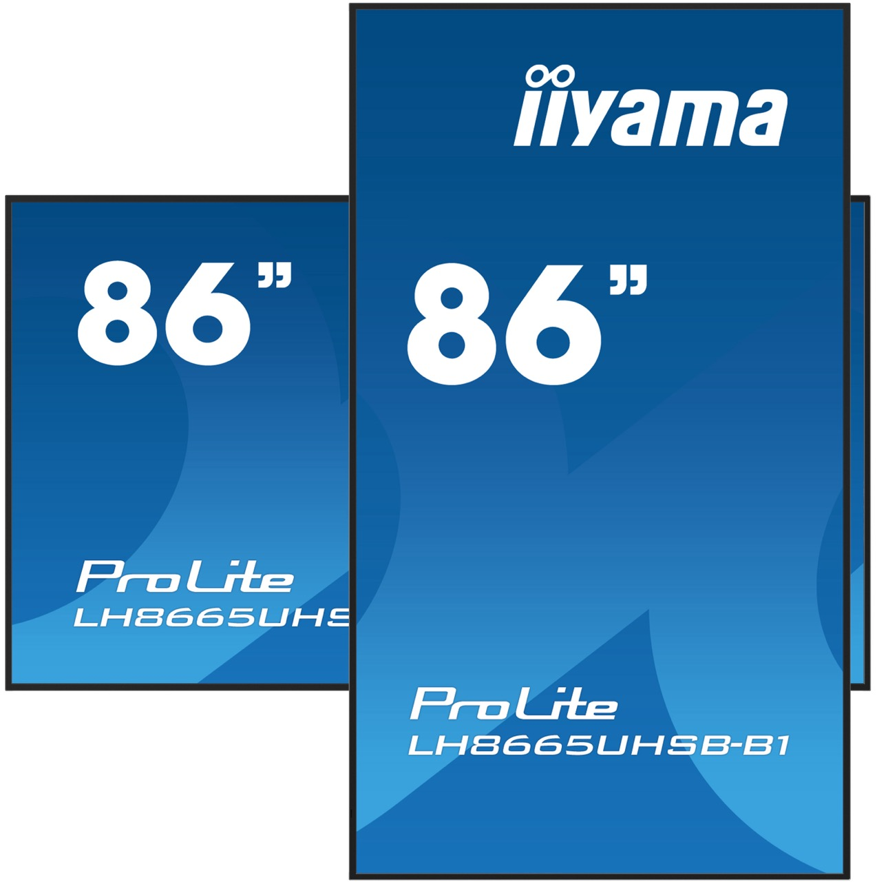 Dwa ekrany Iiyama ProLite 86-calowe z niebieskimi elementami graficznymi i numerami modeli.