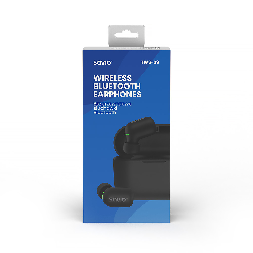 Opakowanie bezprzewodowych słuchawek Bluetooth Savio TWS-09 ze zdjęciem.