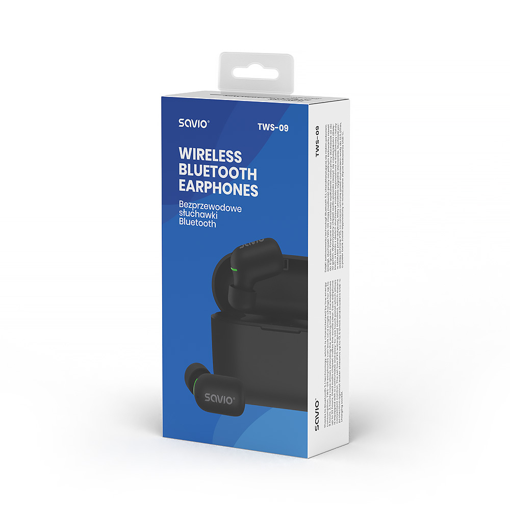 Opakowanie bezprzewodowych słuchawek Bluetooth Savio TWS-09 z czarnym etui ładującym.