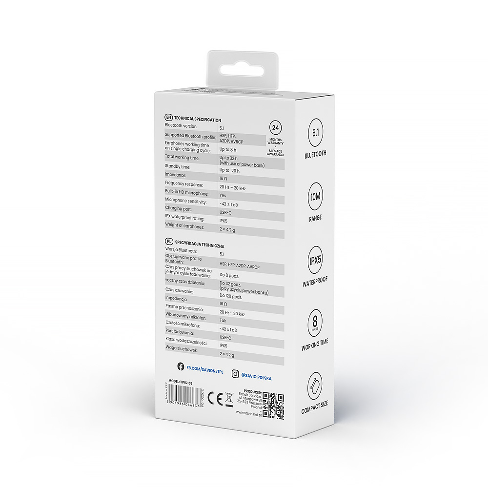 Białe pudełko ze specyfikacją techniczną słuchawek, Bluetooth 5.1, IPX5.