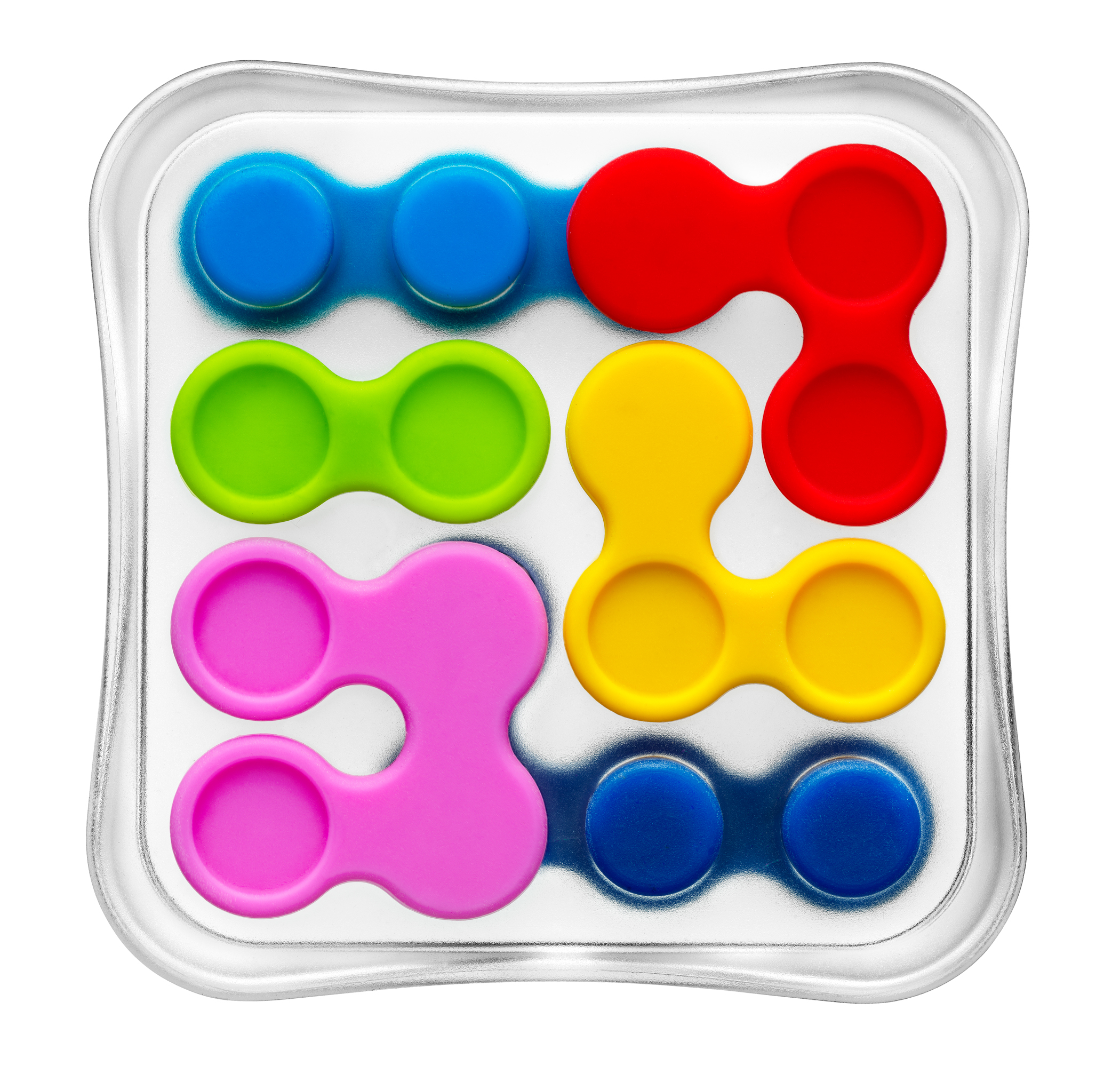 Ein buntes Denkspiel mit blauen, grünen, roten, gelben und pinken Teilen.
