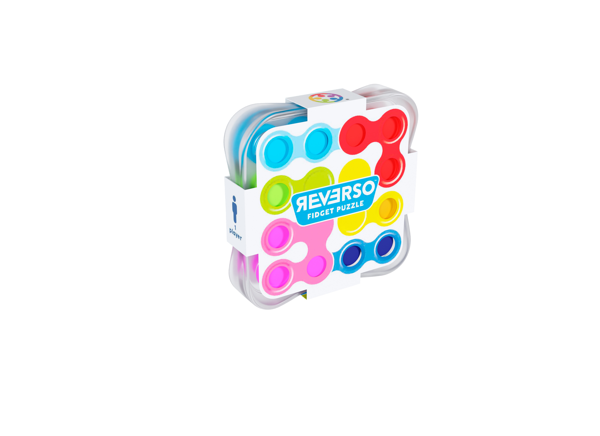 Verpackung eines bunten Fidget-Puzzles mit Kreisen in Rot, Gelb, Blau und Pink.