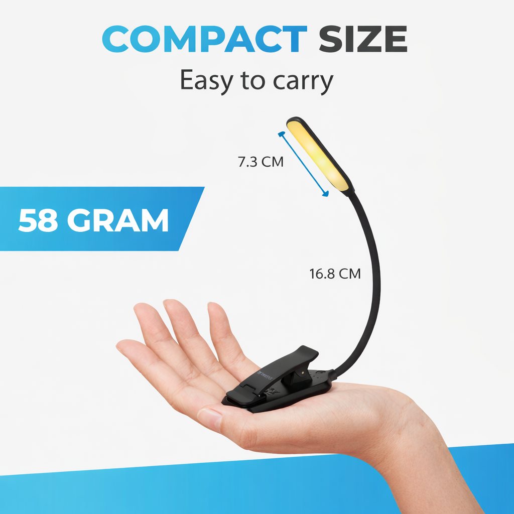 Een hand houdt een kleine clip-on leeslamp met geel licht vast. 58 gram.