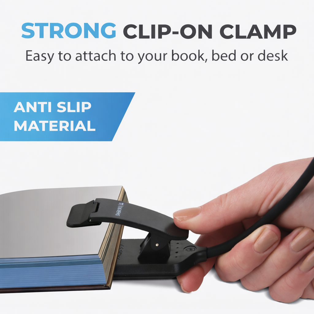 Een hand bevestigt een zwarte clip-on lamp aan een boek. Sterke klem.