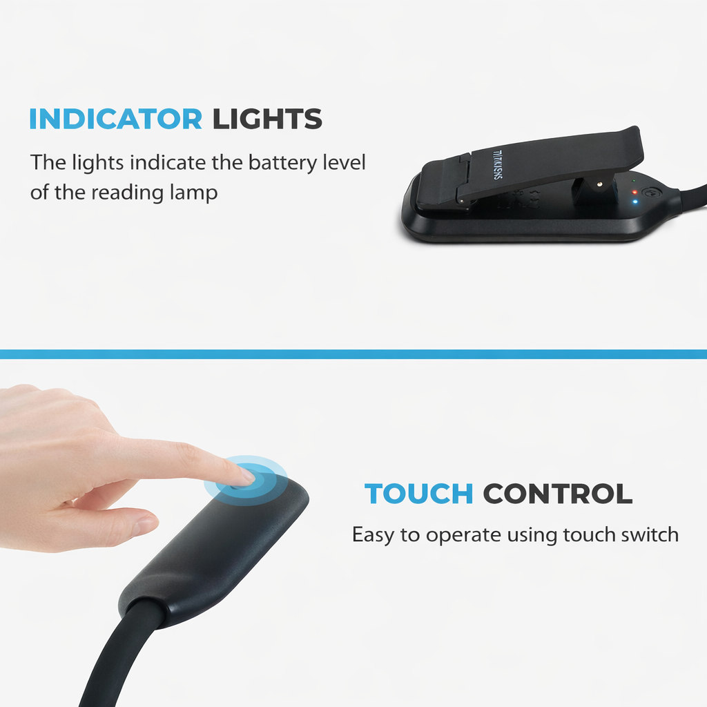 Indicatielampjes tonen batterijniveau leeslamp. Touch control.