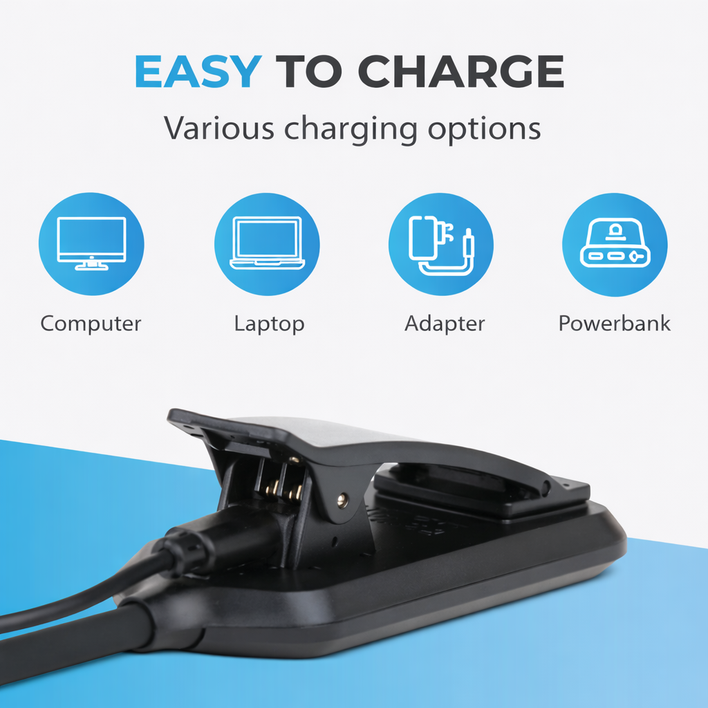 Oplaadopties: Computer, Laptop, Adapter, Powerbank. Zwarte oplader met kabel.