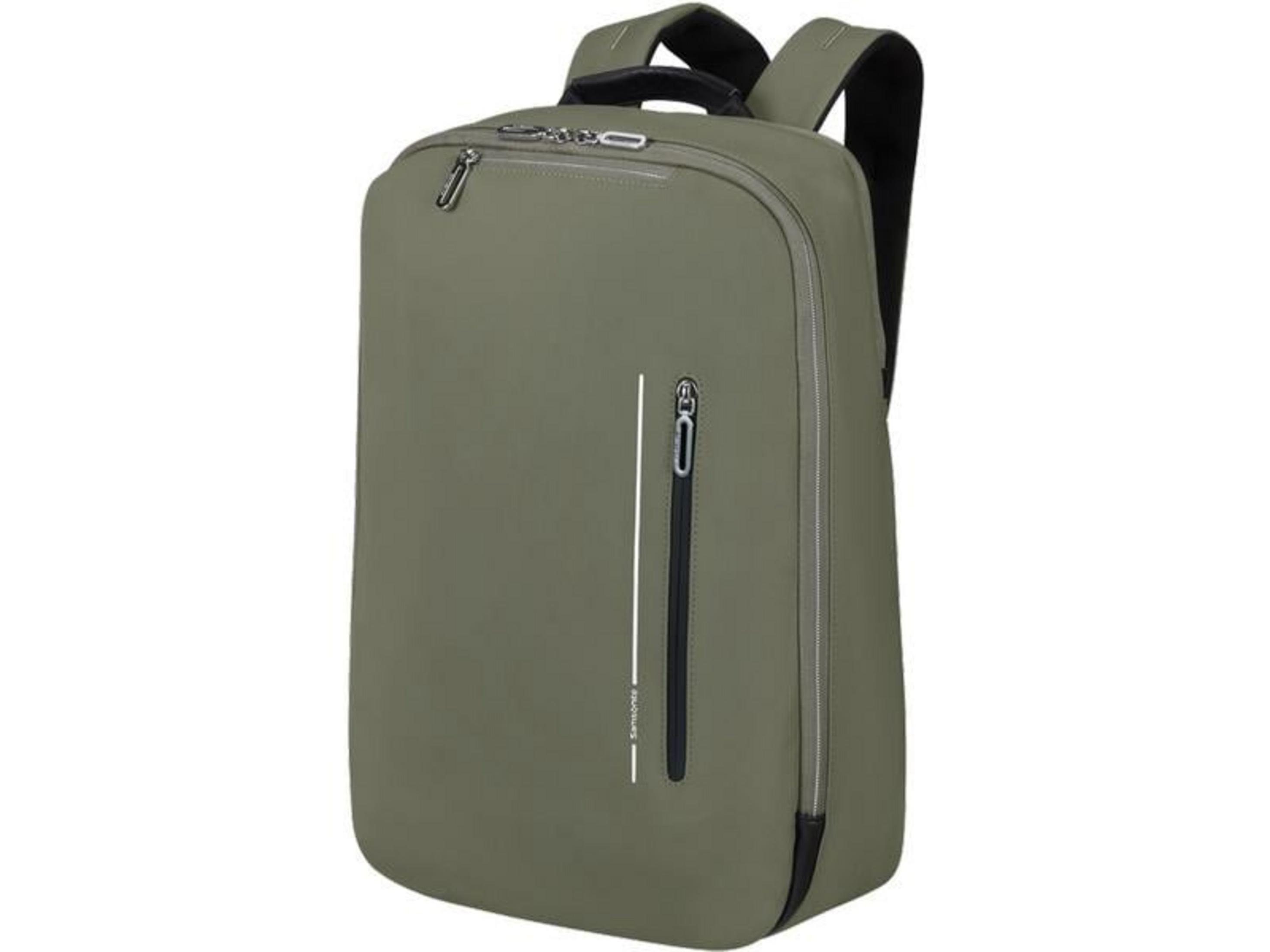 Ein olivgrüner Rucksack mit Reißverschlüssen und einem schmalen weißen Streifen.