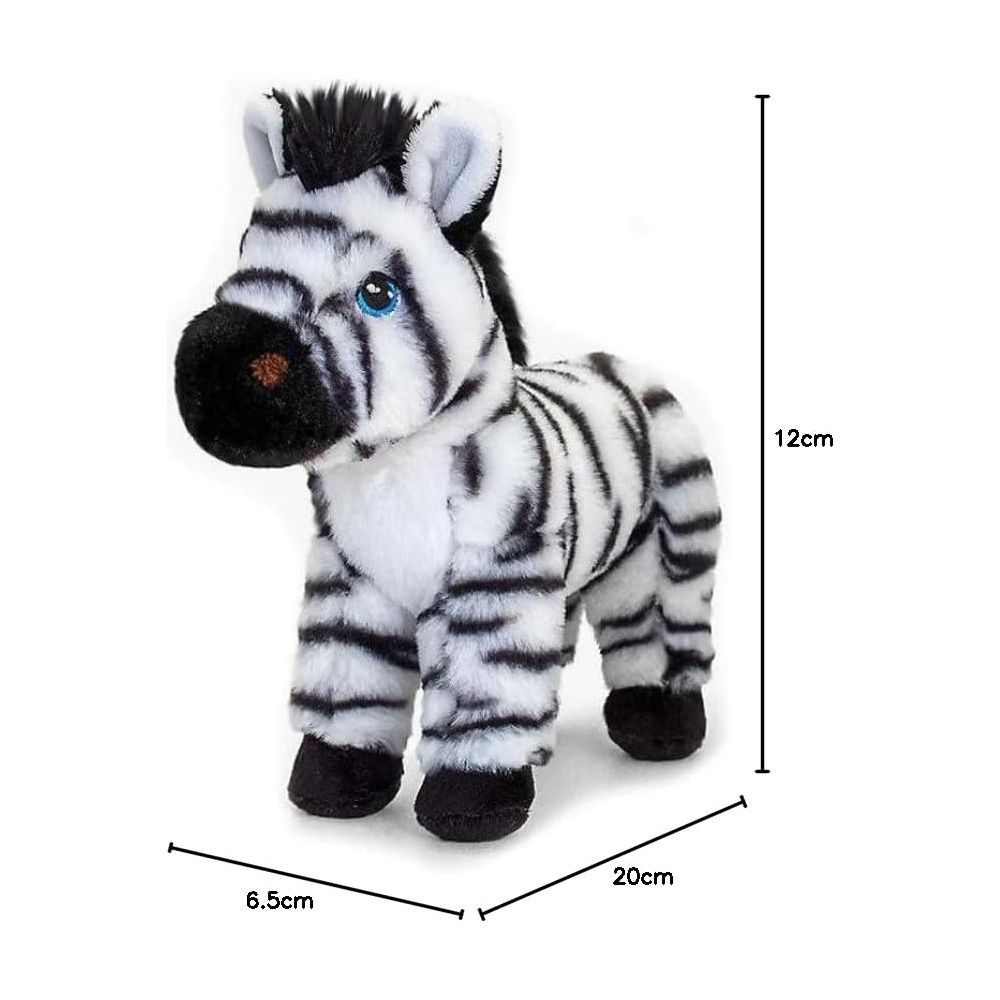 Ein Plüsch-Zebra mit schwarz-weißen Streifen steht auf weißem Grund.