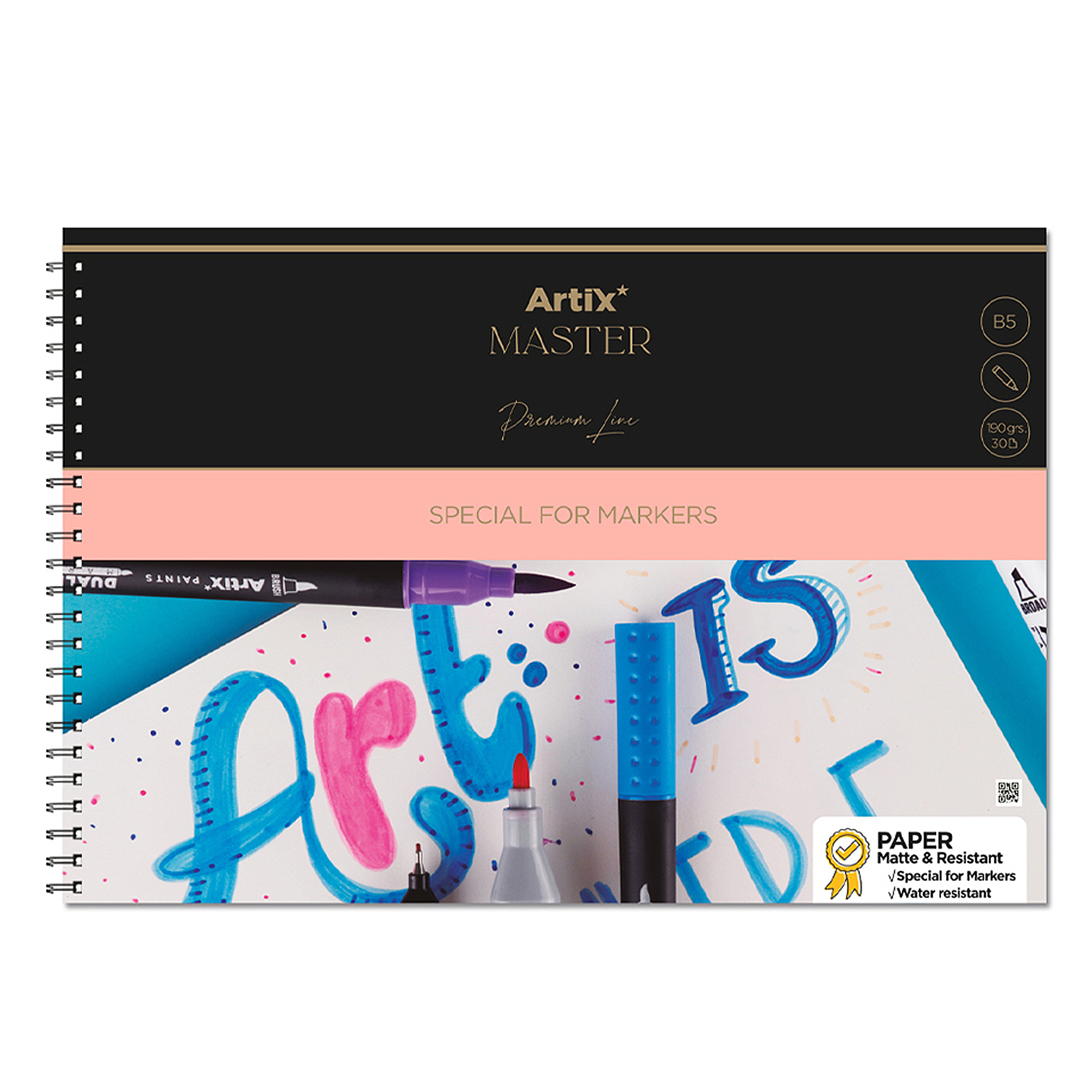 Taccuino Artix Master per pennarelli, con icone di matita e penna.