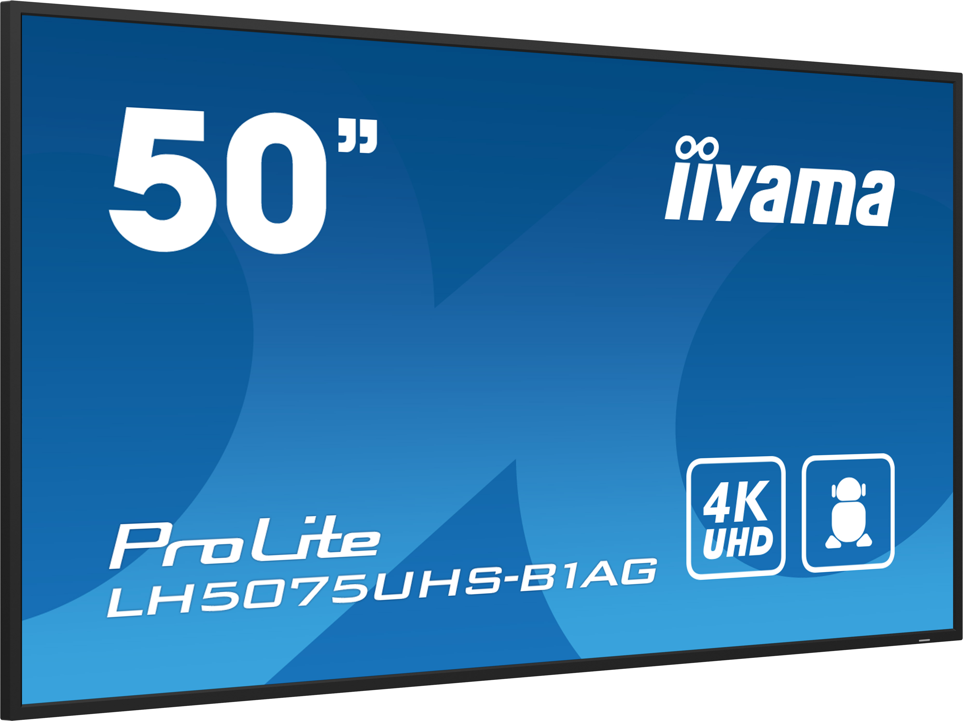 50-Zoll-iiyama ProLite LH5075UHS-B1AG 4K UHD Display mit stilisiertem Hintergrund.