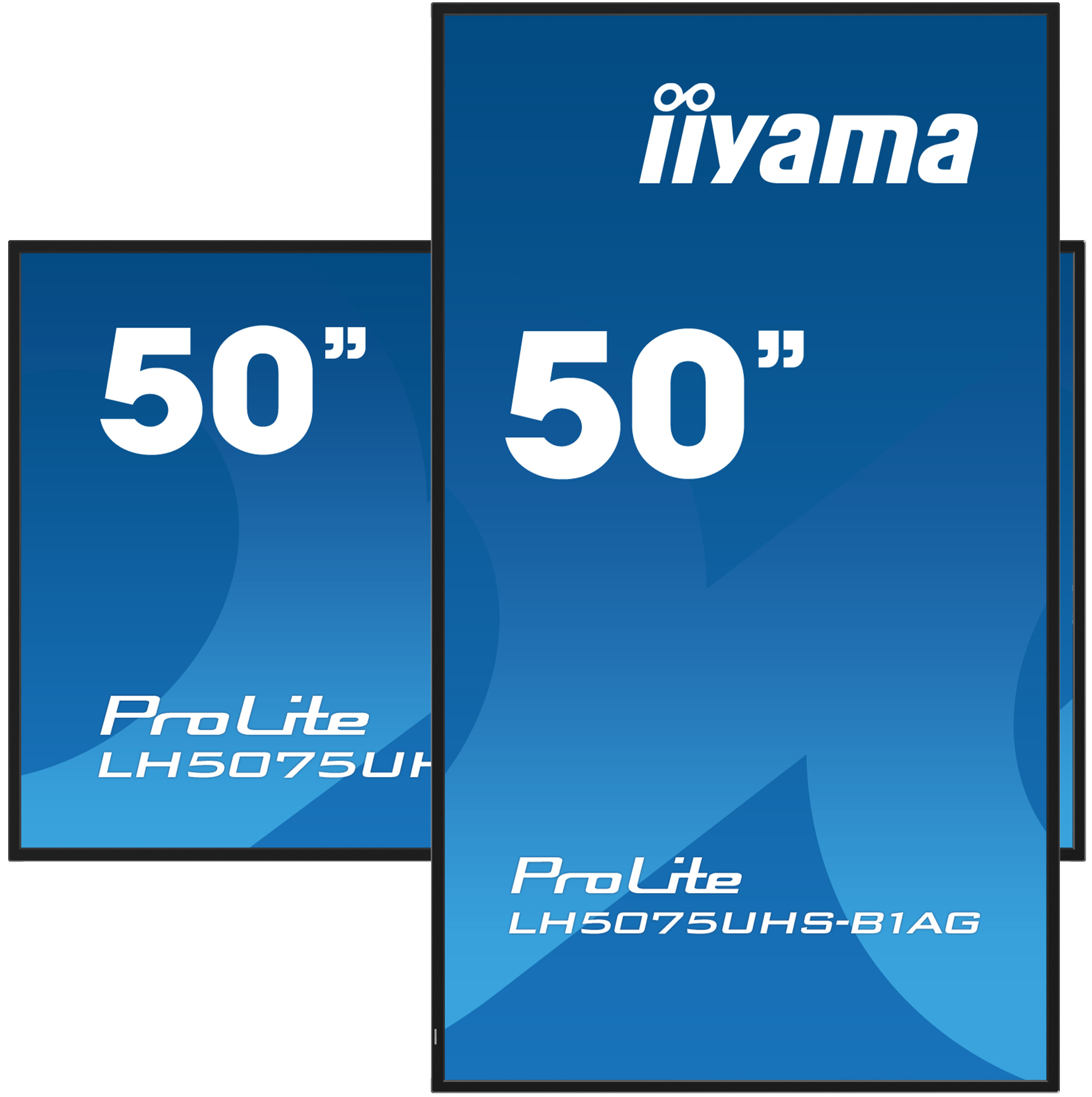 Zwei iiyama Monitore mit 50 Zoll und ProLite LH5075UH-B1AG Schriftzug.