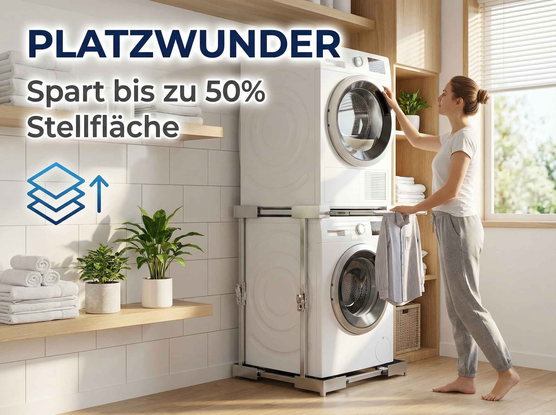 Eine Frau in einem Wäschezimmer sortiert Wäsche, neben gestapelten Waschmaschinen.