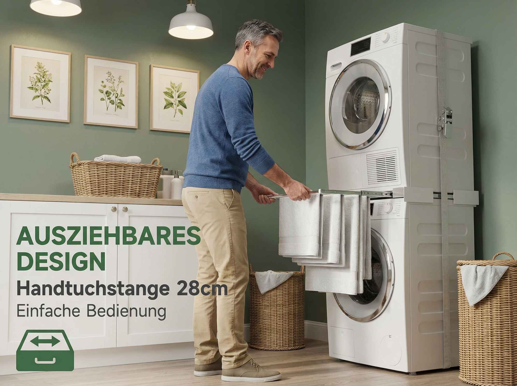 Mann holt weiße Handtücher aus ausziehbarer Stange neben Waschmaschine.
