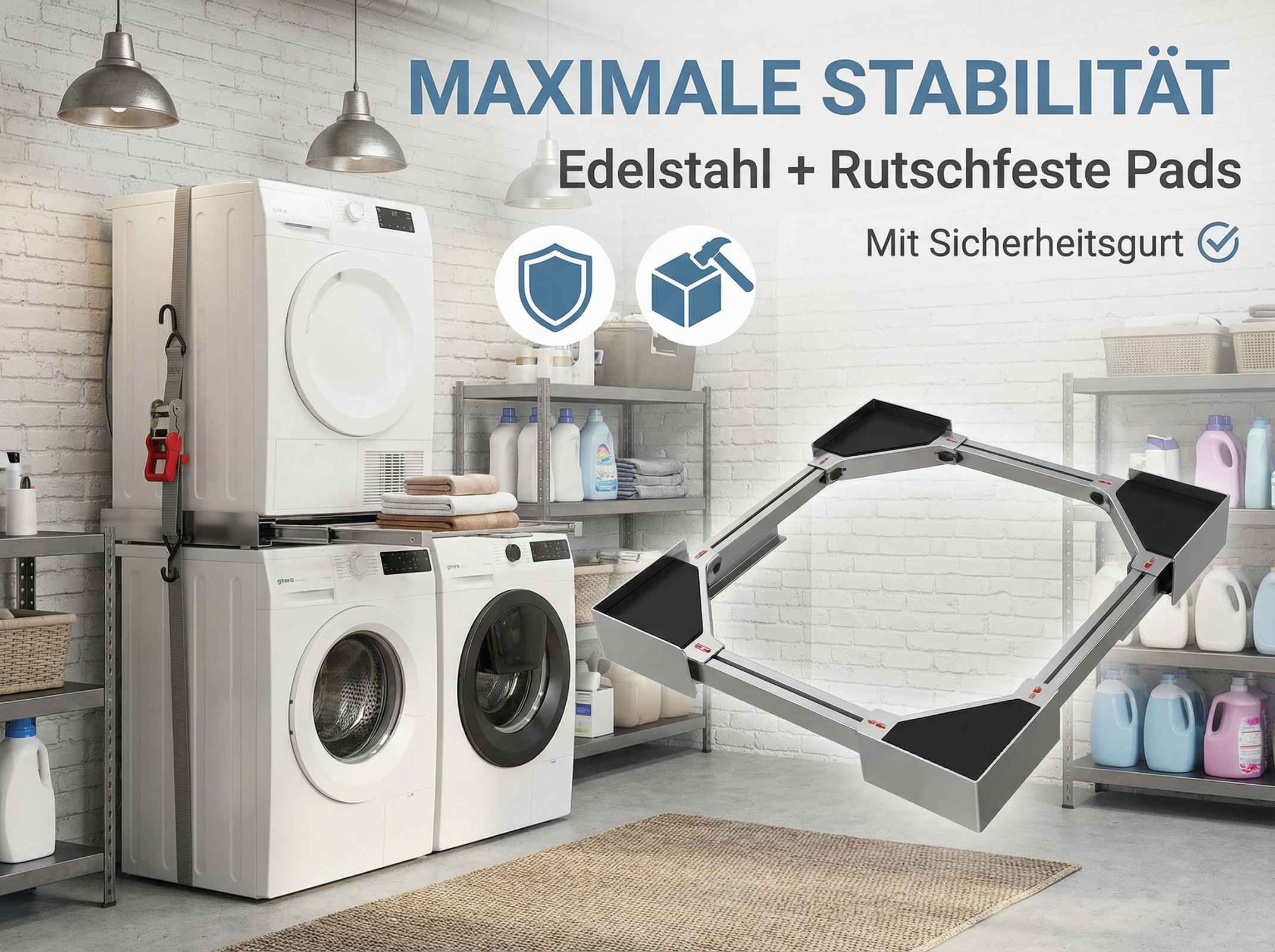 Waschmaschine, Trockner und verstellbare Sockel für Haushaltsgeräte.