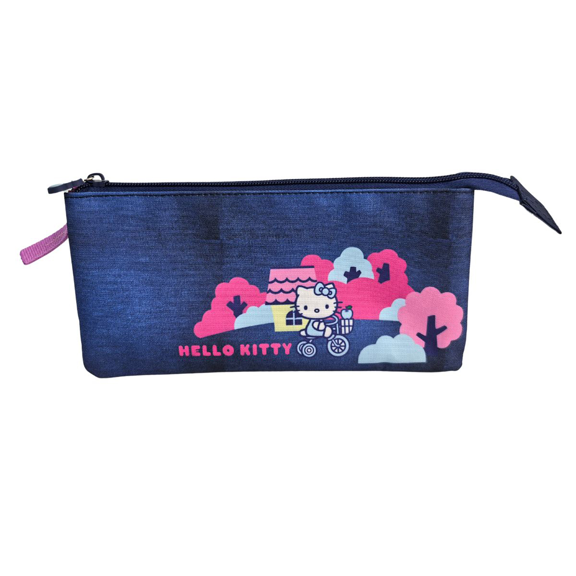 Astuccio di jeans con Hello Kitty in bicicletta vicino a una casa e alberi.