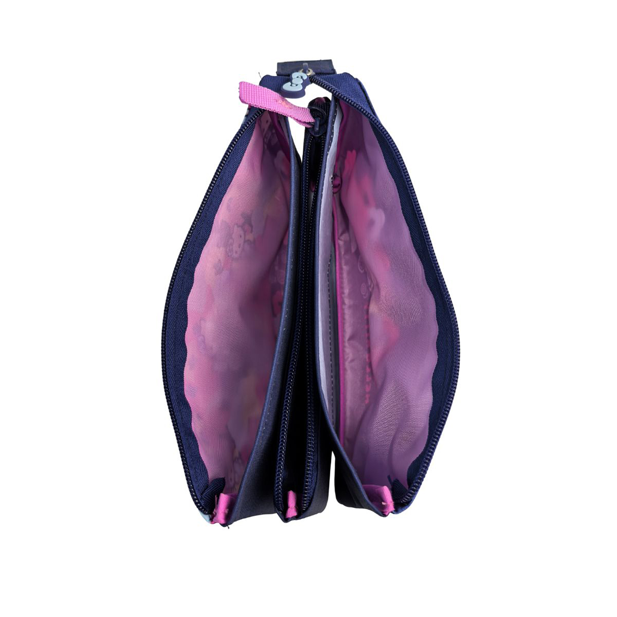 Un astuccio blu scuro con fodera rosa e personaggi dei cartoni animati.