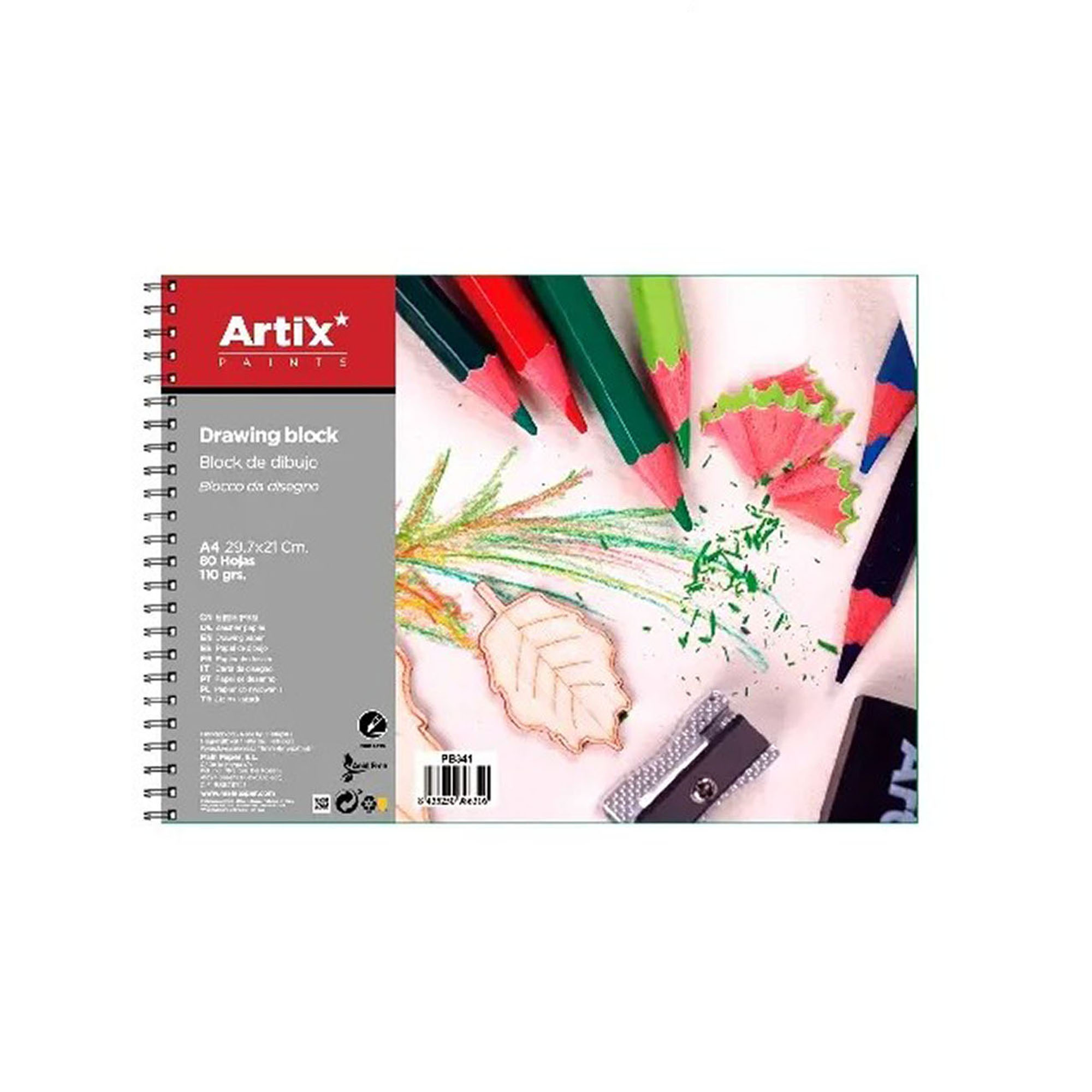 Blocco da disegno con matite colorate, trucioli e temperamatite.