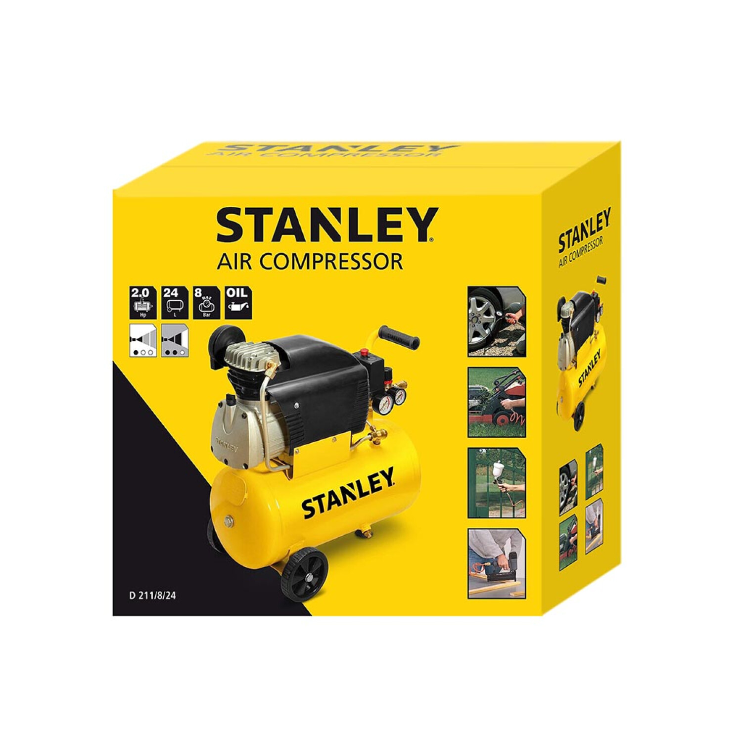 Żółty kompresor powietrza Stanley z czarnymi akcentami na żółtym pudełku z produktami.