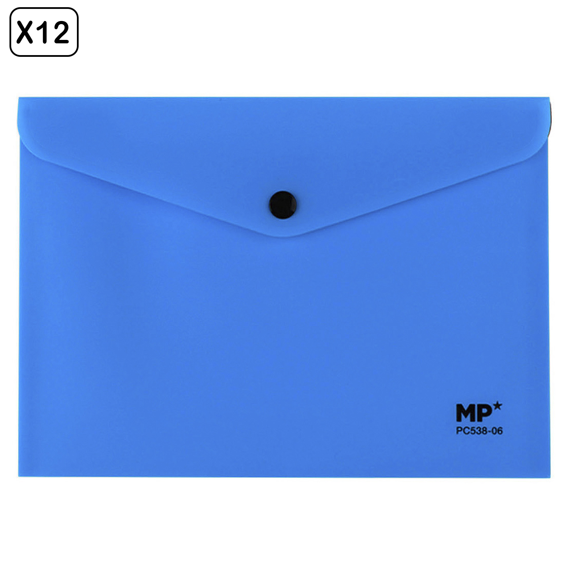 Una busta blu con chiusura a bottone ed etichetta "X12".