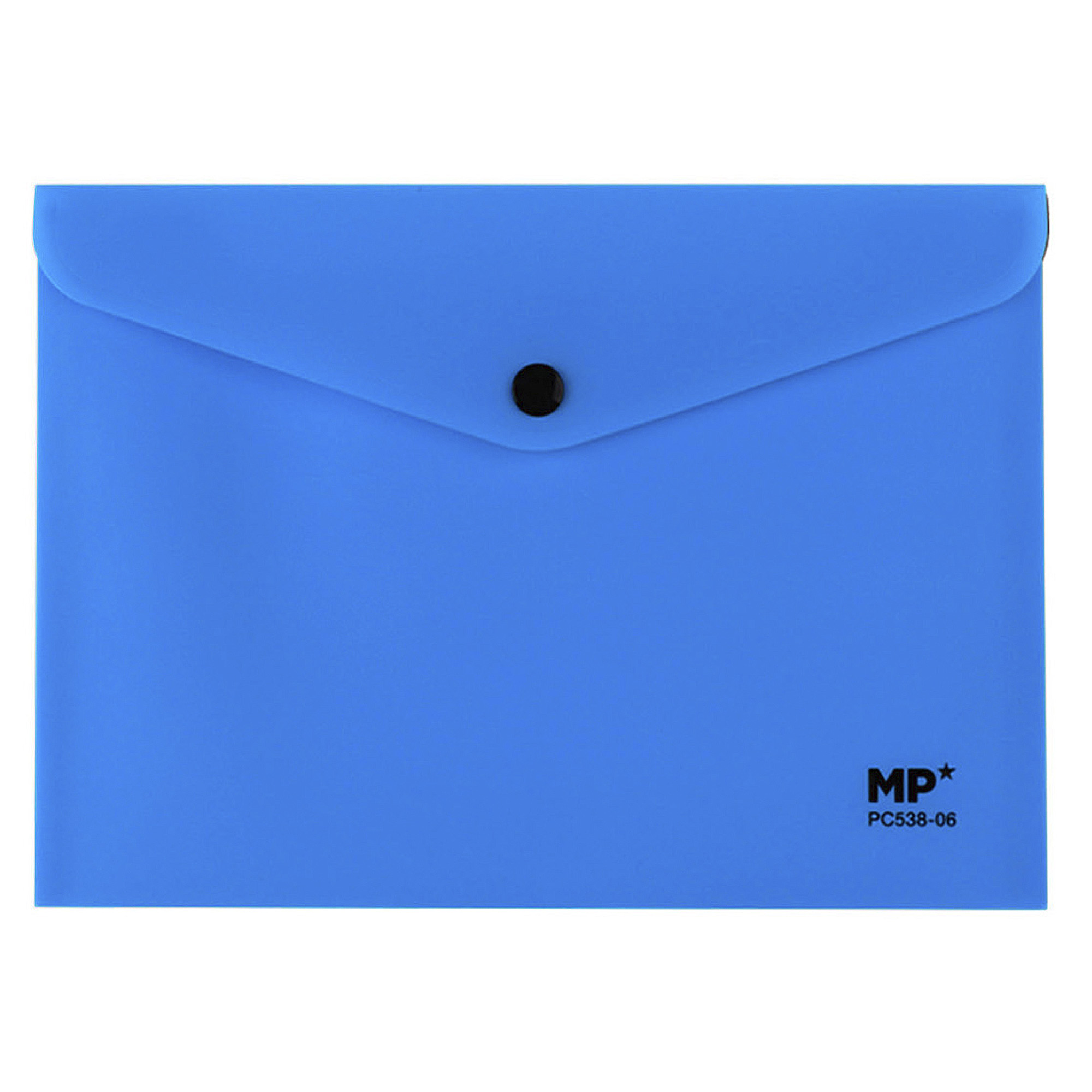 Una busta blu con chiusura a bottone nero.