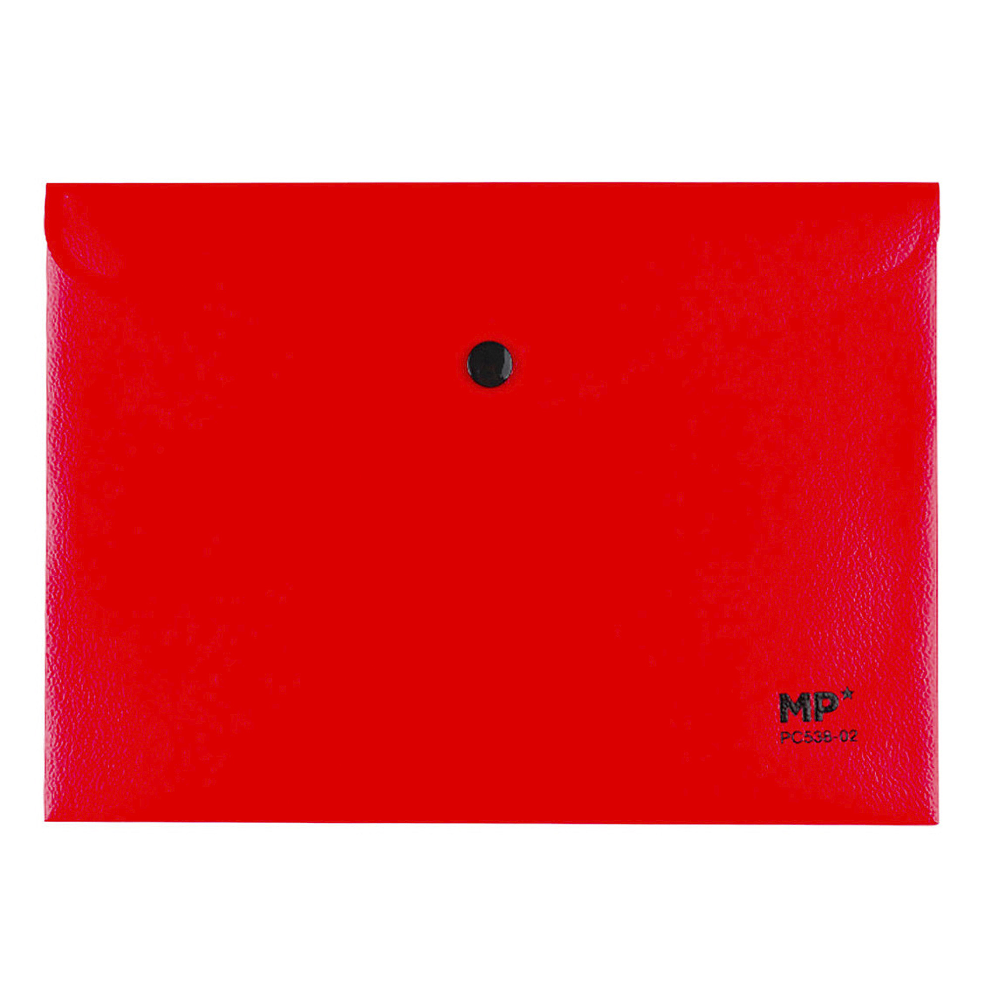 Una cartellina rossa con chiusura a bottone nera e logo.