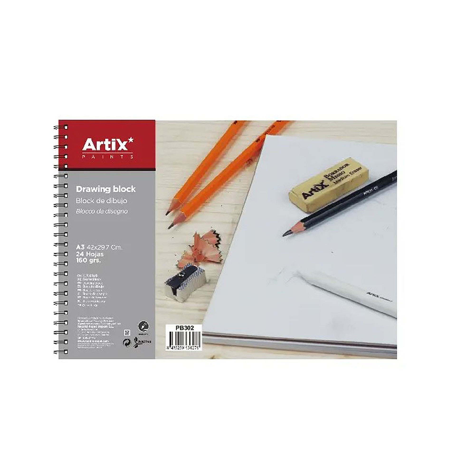 Blocco da disegno Artix con matite, gomma, temperino e trucioli su superficie legno.