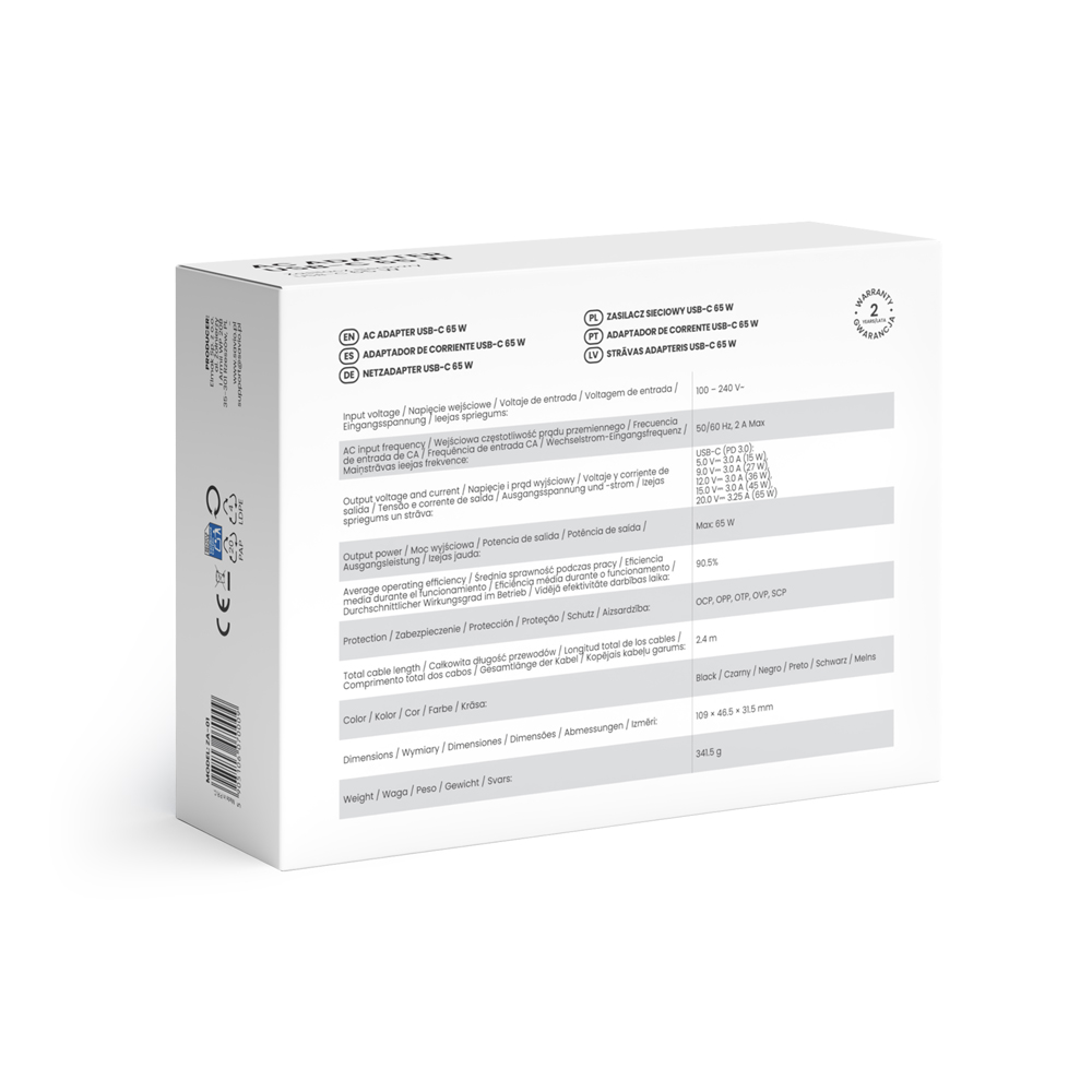 Adapter USB-C ze szczegółowymi danymi technicznymi.