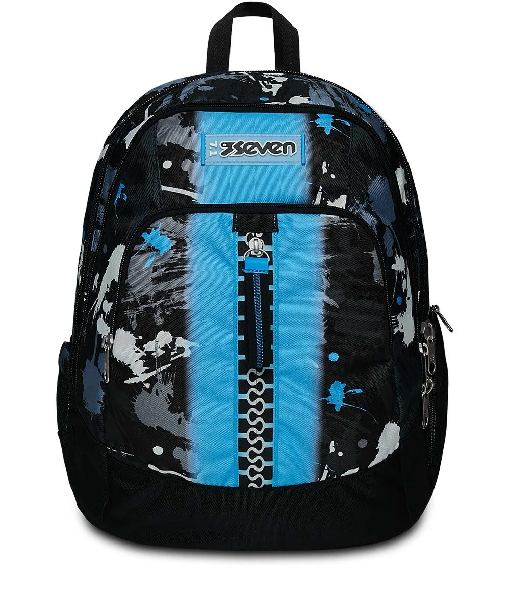 Rucksack mit blauem und schwarzem Farbverlauf, Graffiti-Muster und Reißverschluss.