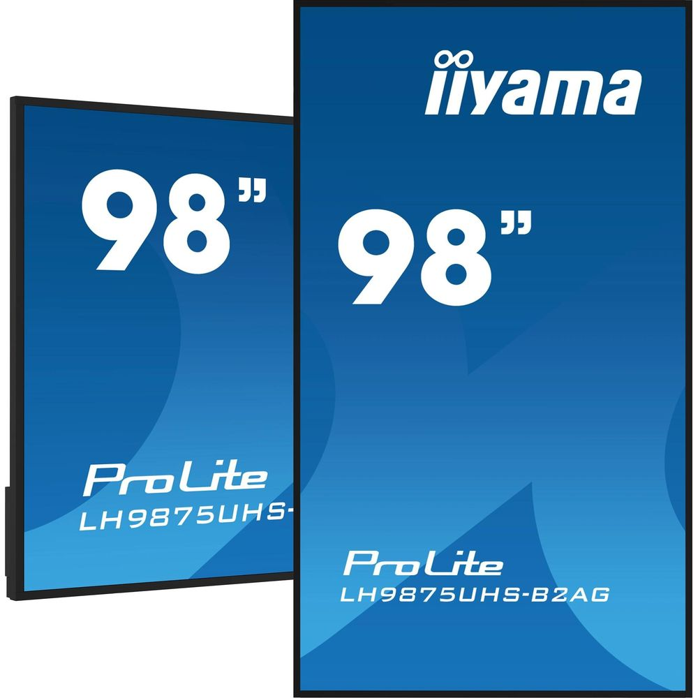 Dwa monitory iiyama ProLite 98-calowe, modele LH9875UHS i LH9875UHS-B2AG.