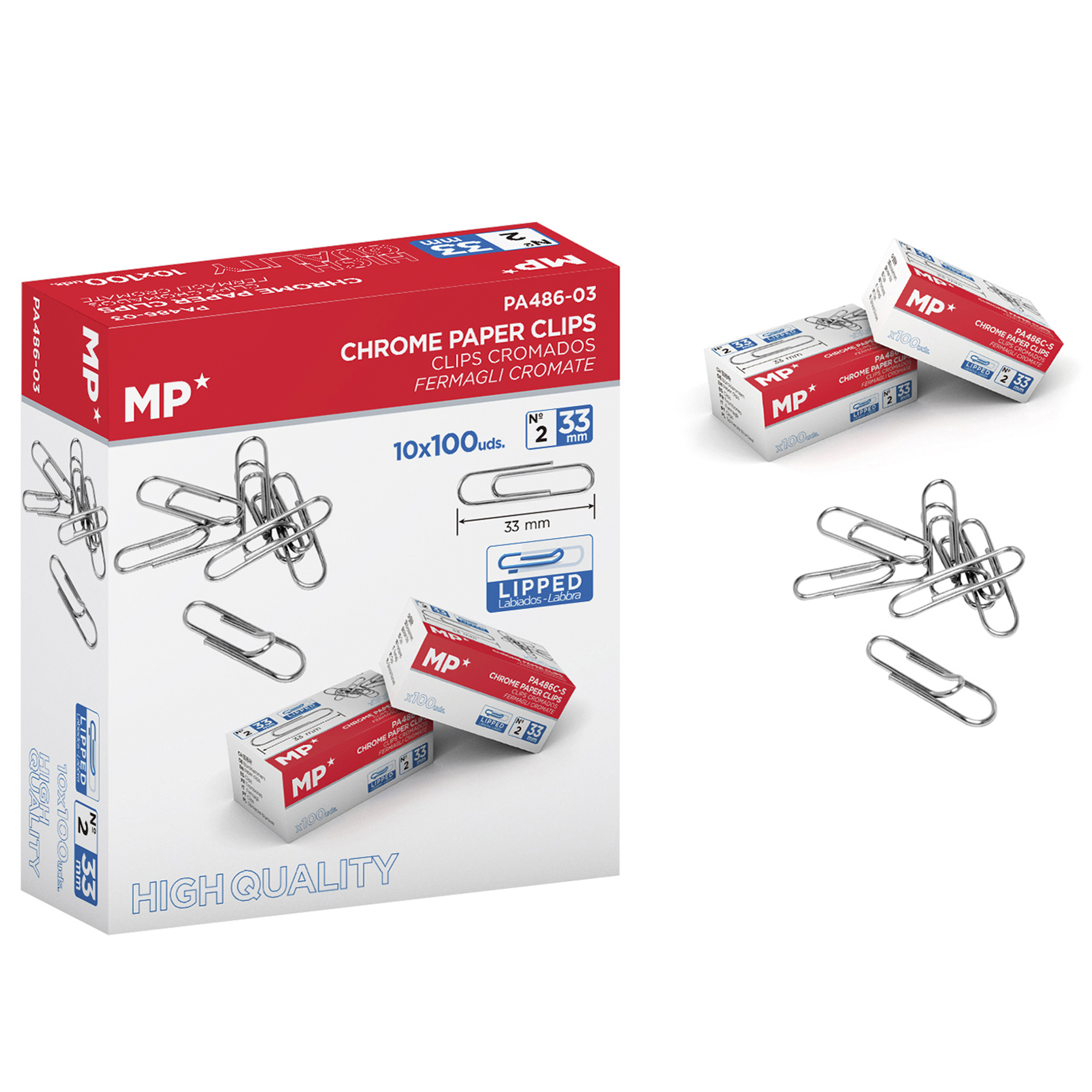 Caja de 1000 clips cromados, 33 mm, y clips sueltos esparcidos.