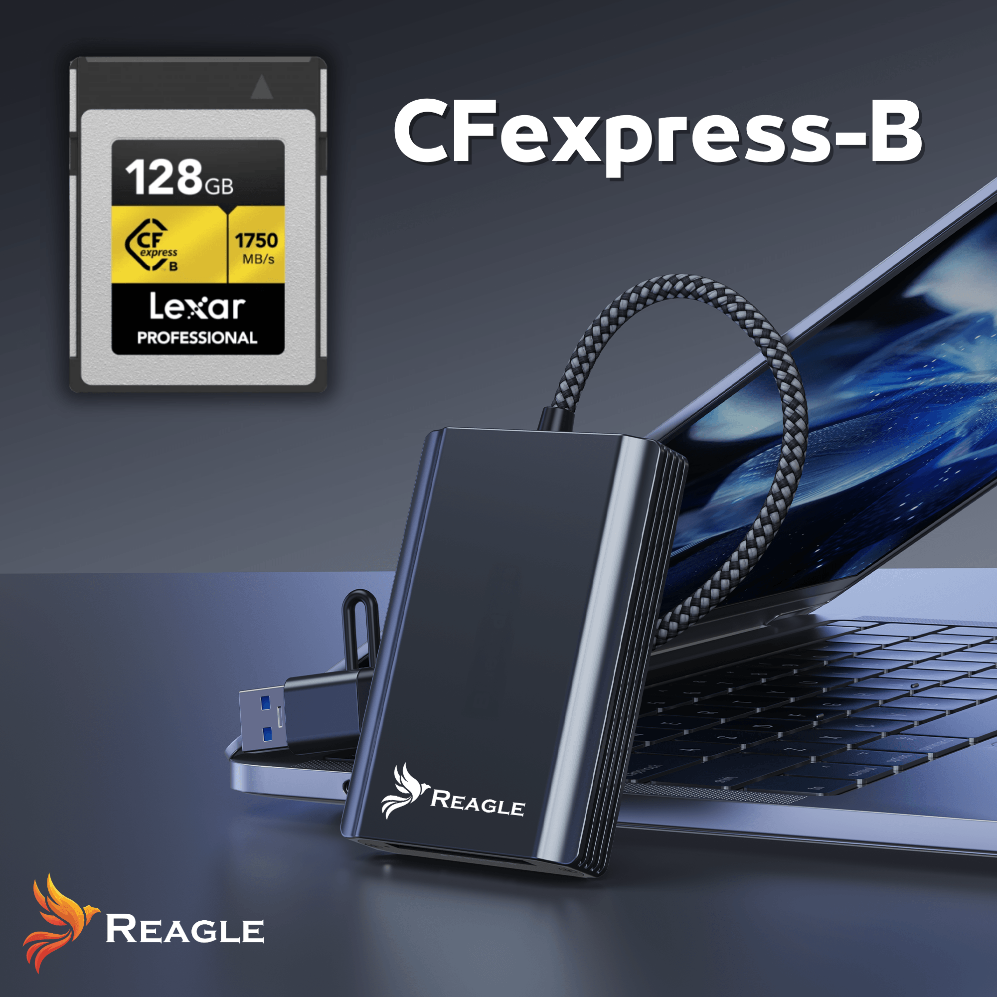 Karta Lexar CFexpress-B 128 GB obok czytnika Reagle i laptopa.