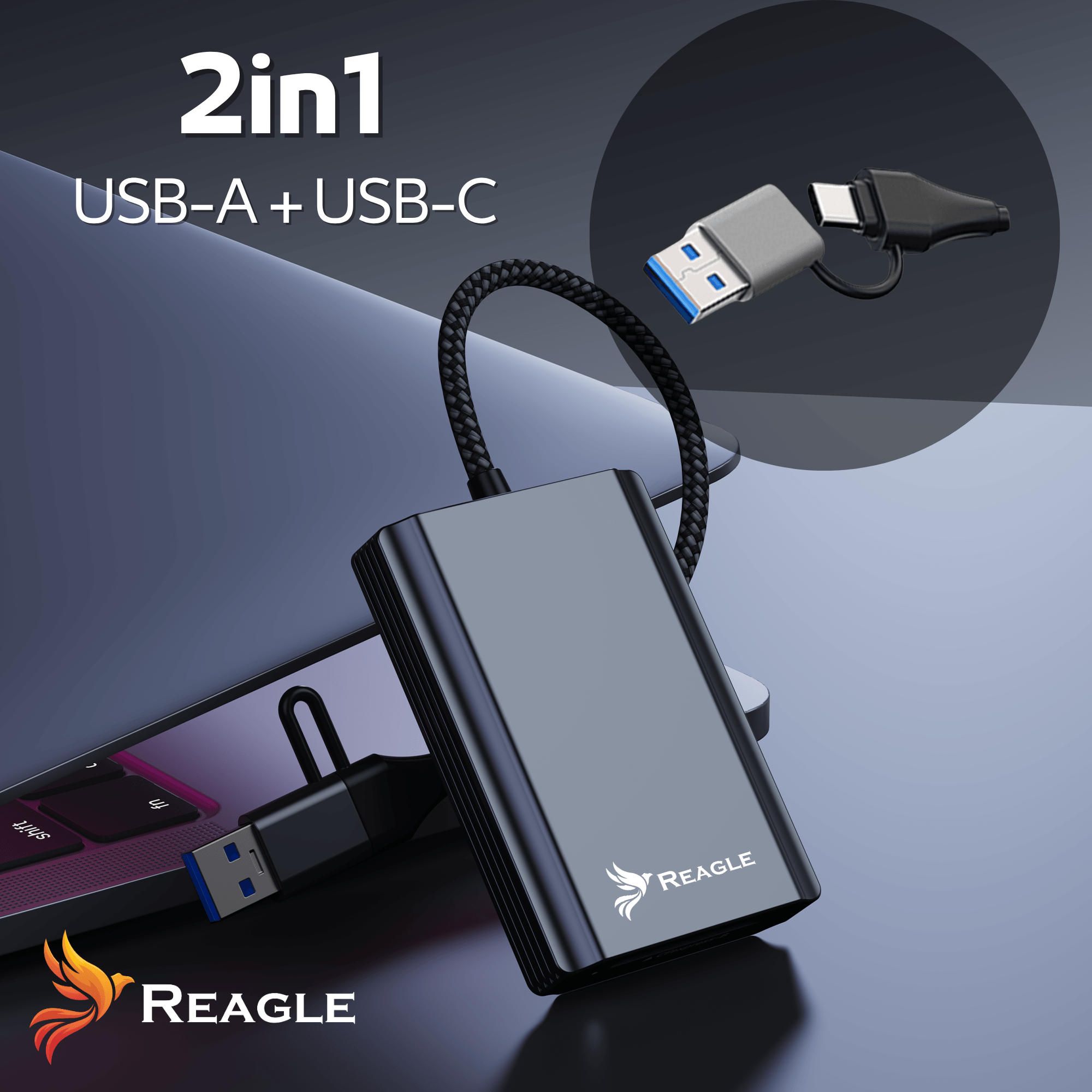 Szary adapter USB-C z gniazdem USB-A obok na laptopie.