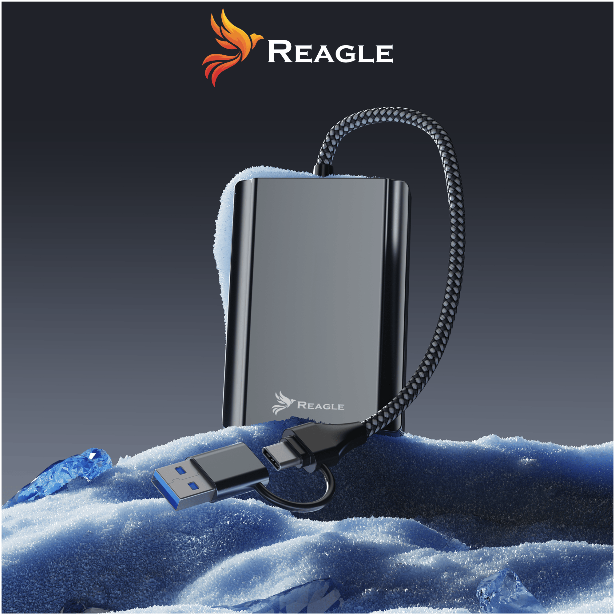 Szare urządzenie Reagle z portami USB-C i USB-A na lodowej powierzchni.
