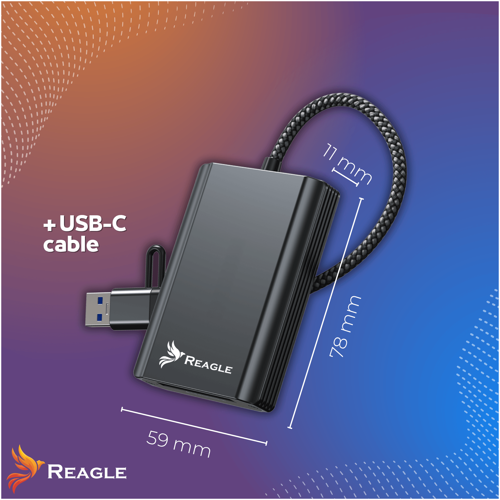 Czarny koncentrator USB-C z kablami o wymiarach 59x78x11 mm.