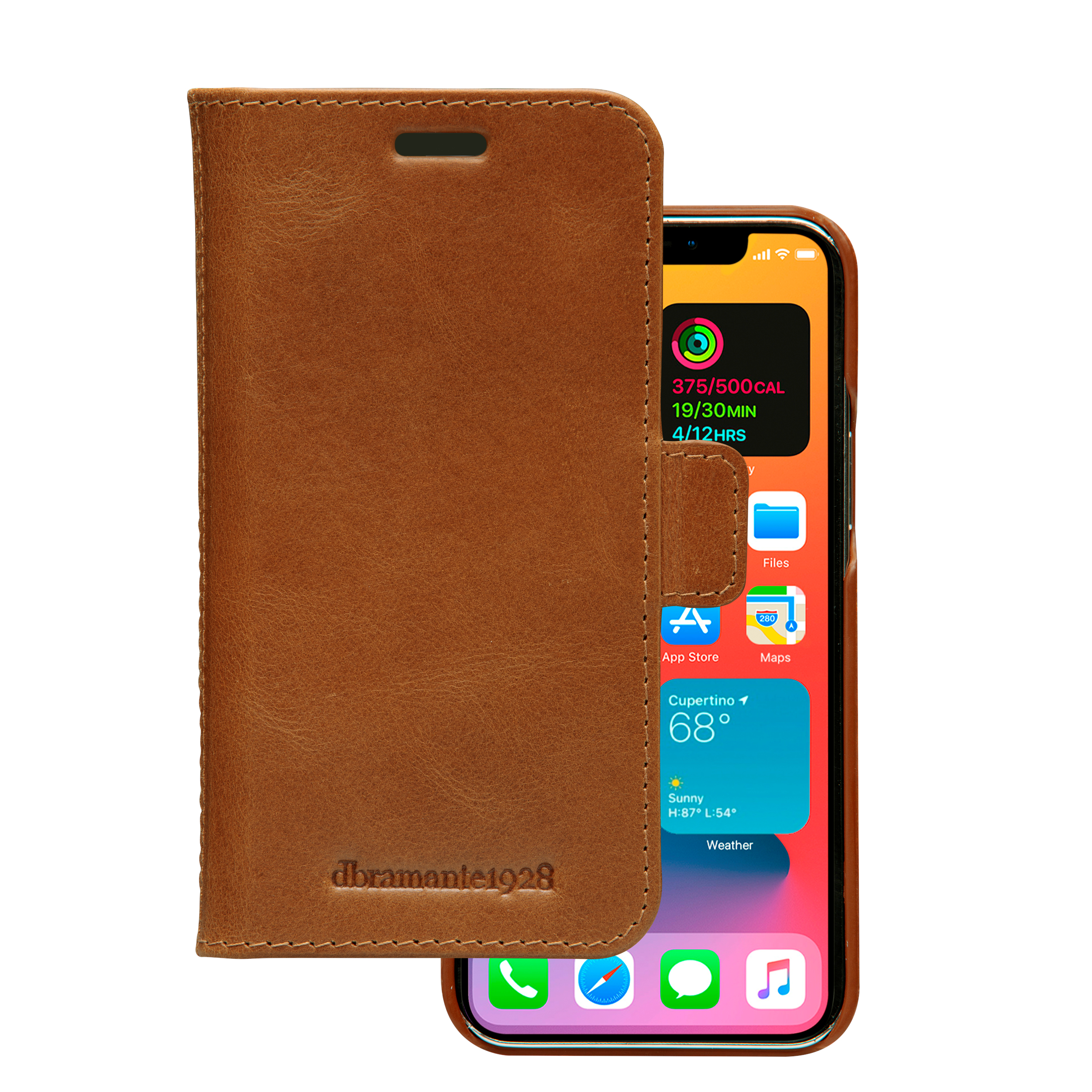 Braune Lederhülle für iPhone mit aufgeschlagener Klappe, die das Display zeigt.
