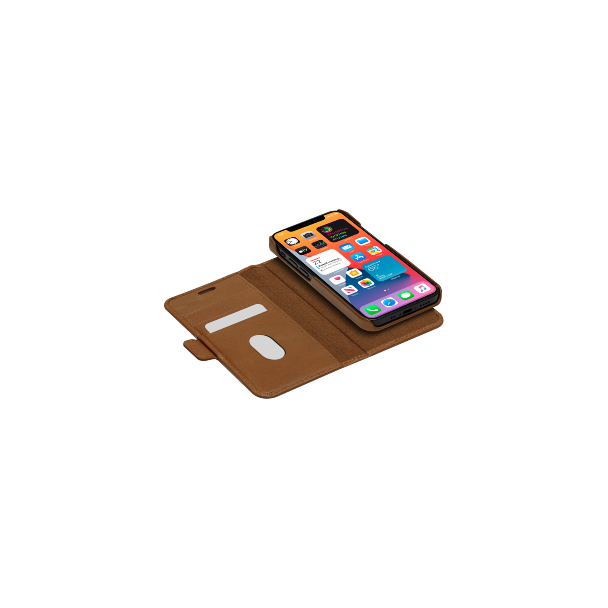 Ein braunes Leder-Klapphandy mit einem iPhone darauf, mit vielen App-Symbolen.