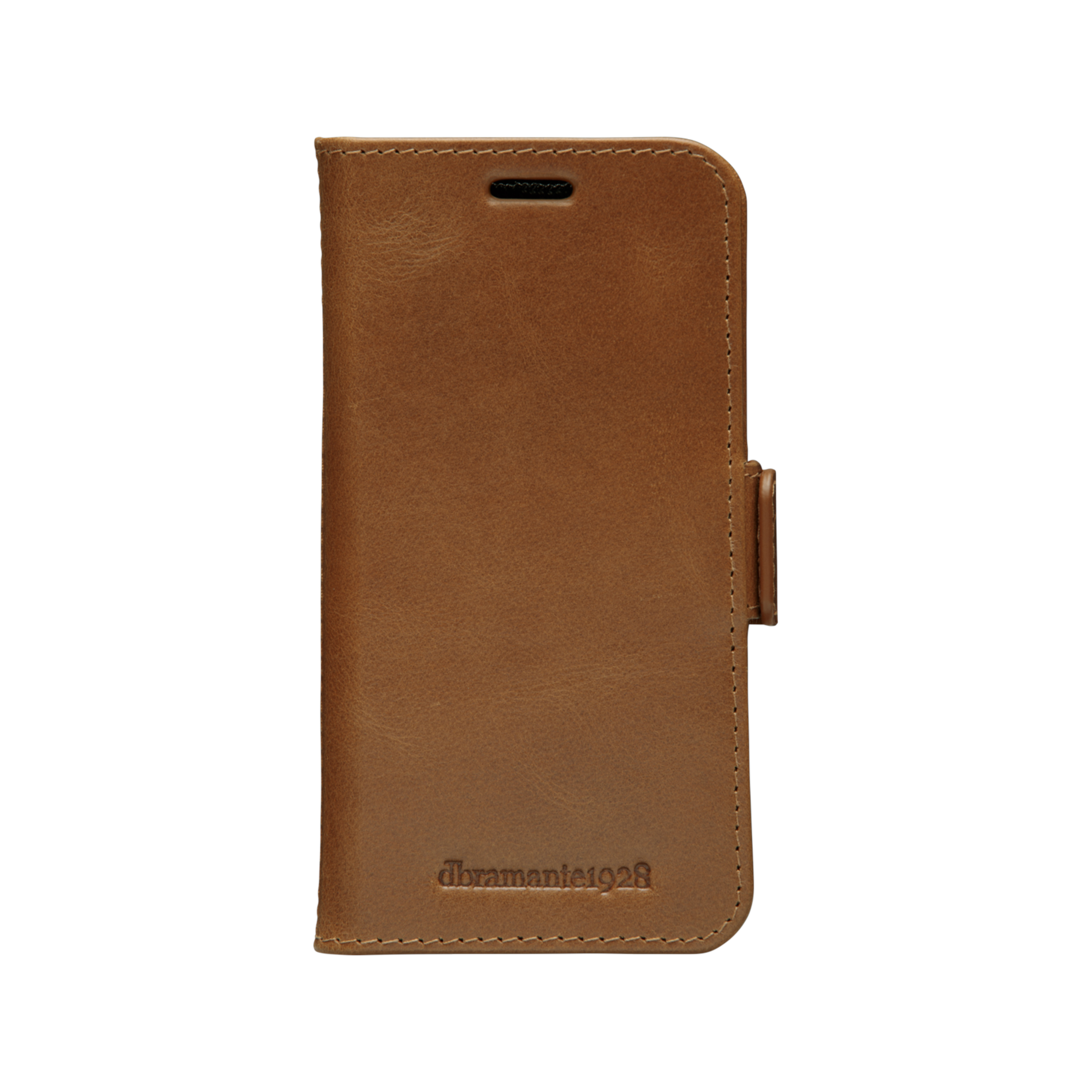 Braune Leder-Handyhülle mit Nähten und Logo, auf weißem Hintergrund.