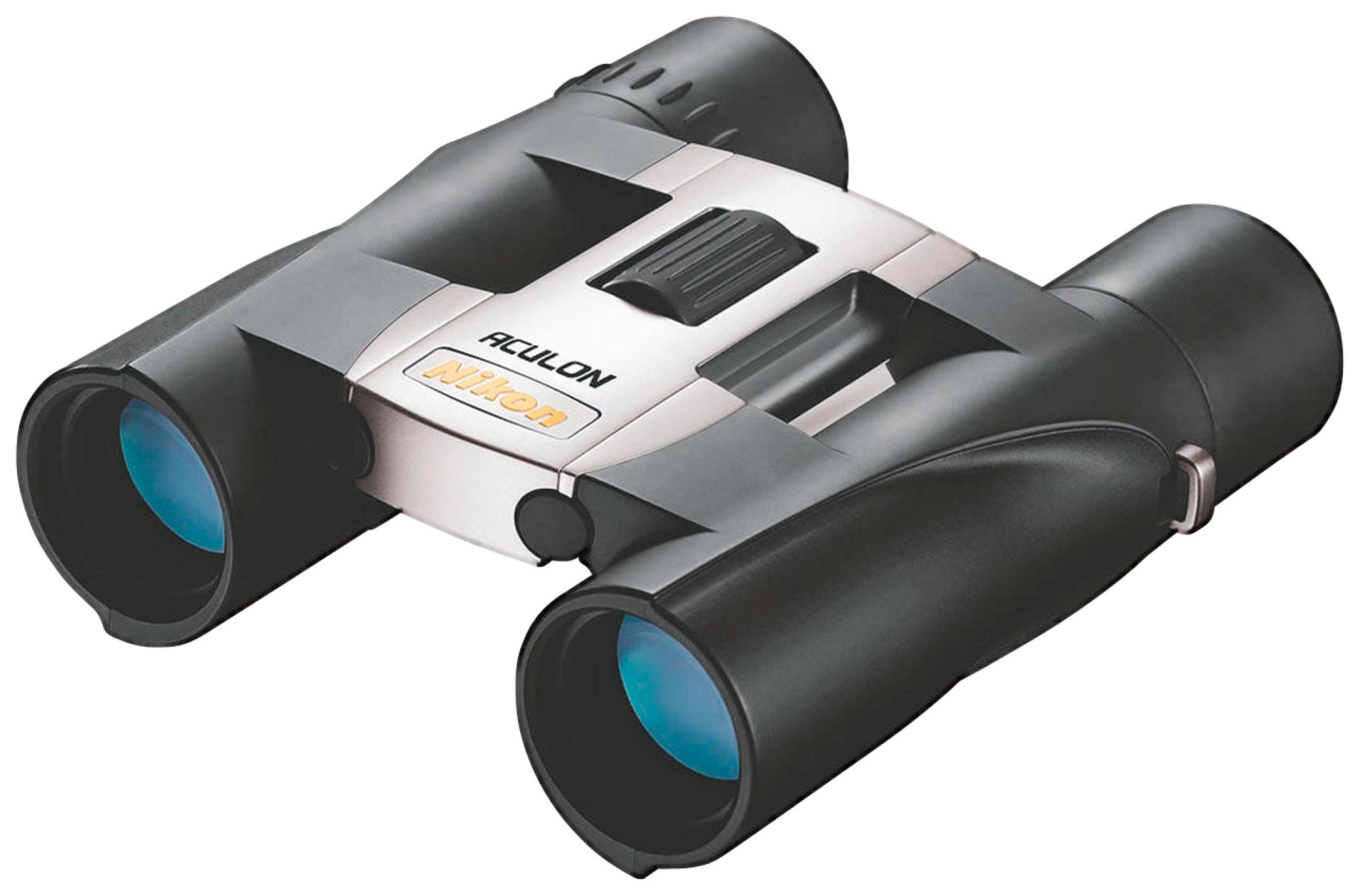 Binocolo Nikon grigio e nero con lenti blu e fascia centrale argentata.