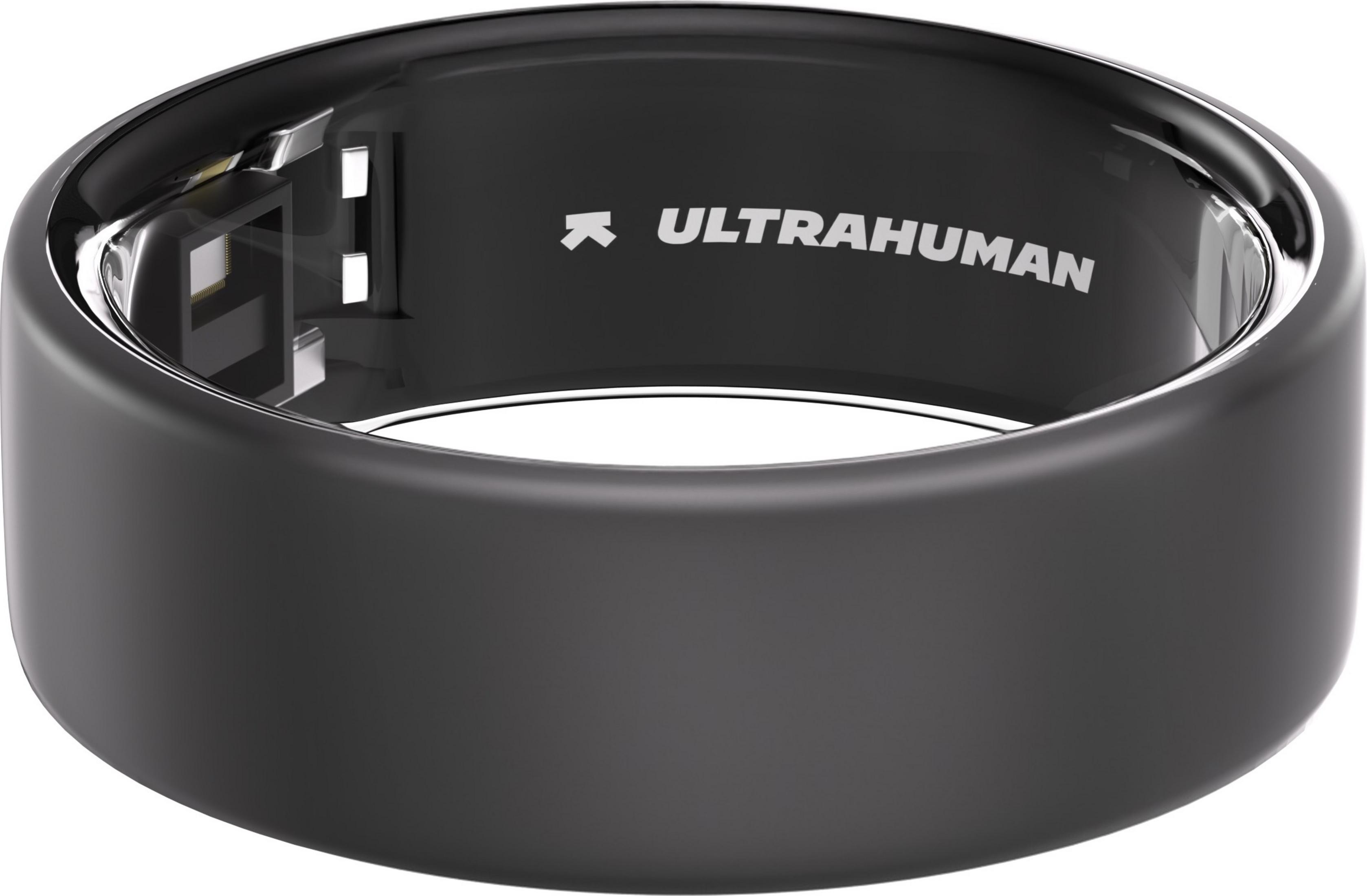 Schwarzer Ring mit silbernem Logo und sichtbaren elektronischen Komponenten im Inneren.