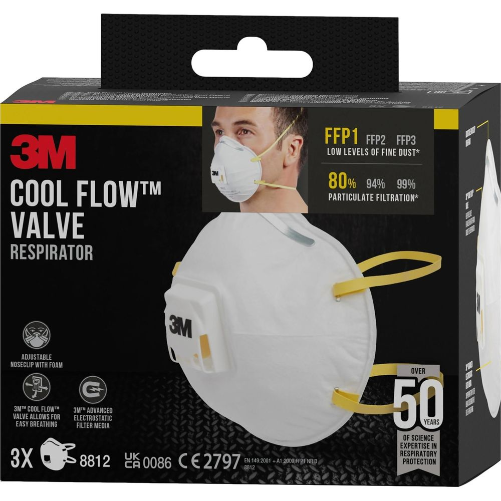 3M Cool Flow Atemschutzmaske mit Ventil, FFP1, FFP2, FFP3. Verstellbare Nasenklammer mit Schaum.